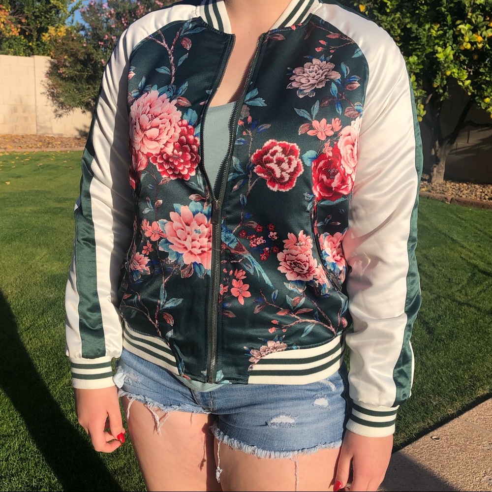 Emerald Green Floral Bomber Jacket